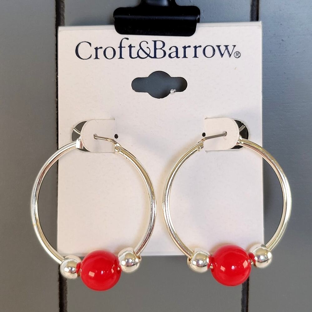 Croft & Barrow Hoop Earrings Red Beads Silver Tone Pierced, Free Gift Bag 1.5 in
